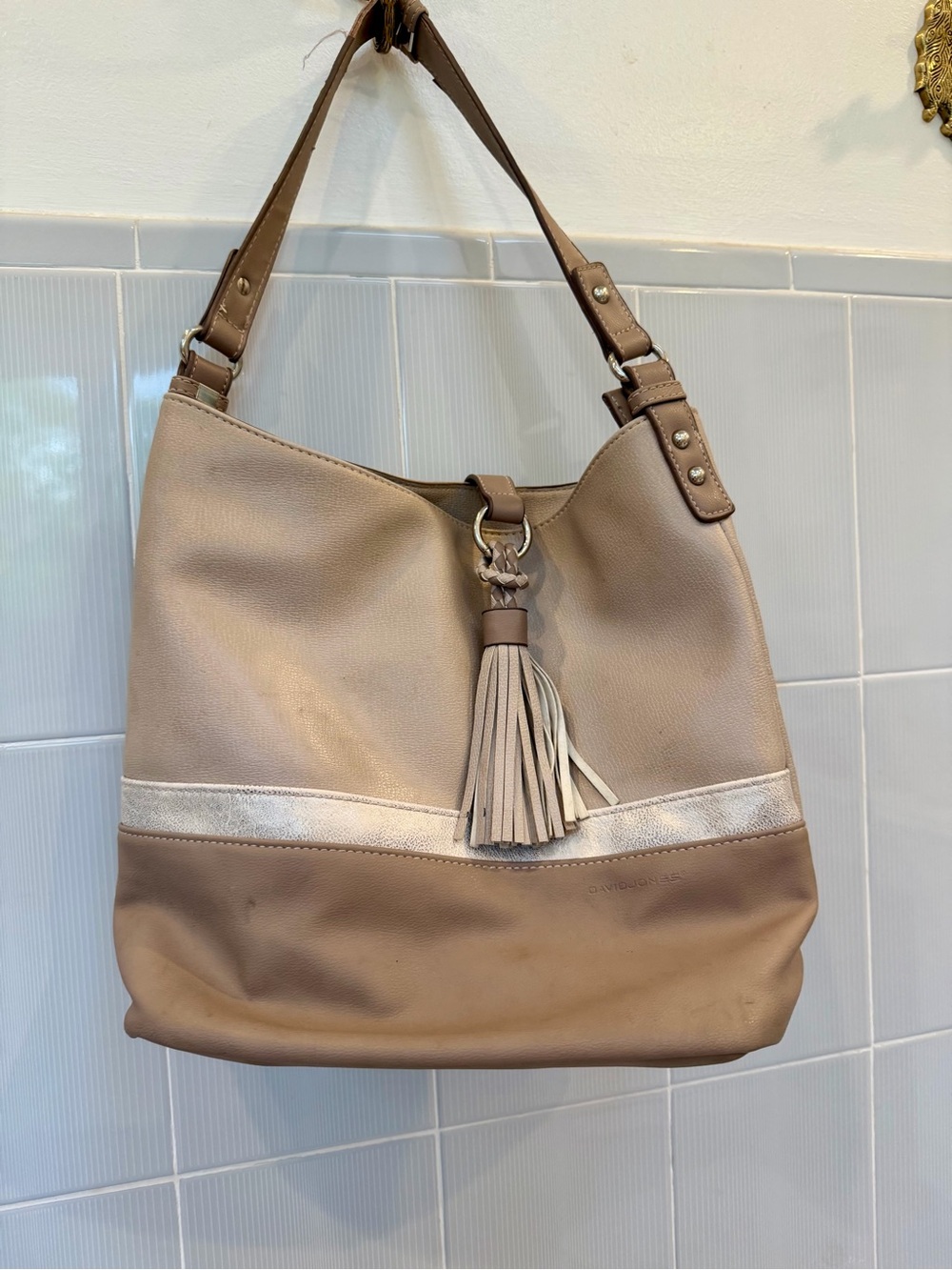 Taupe Leather Tassel Shoulder Bag